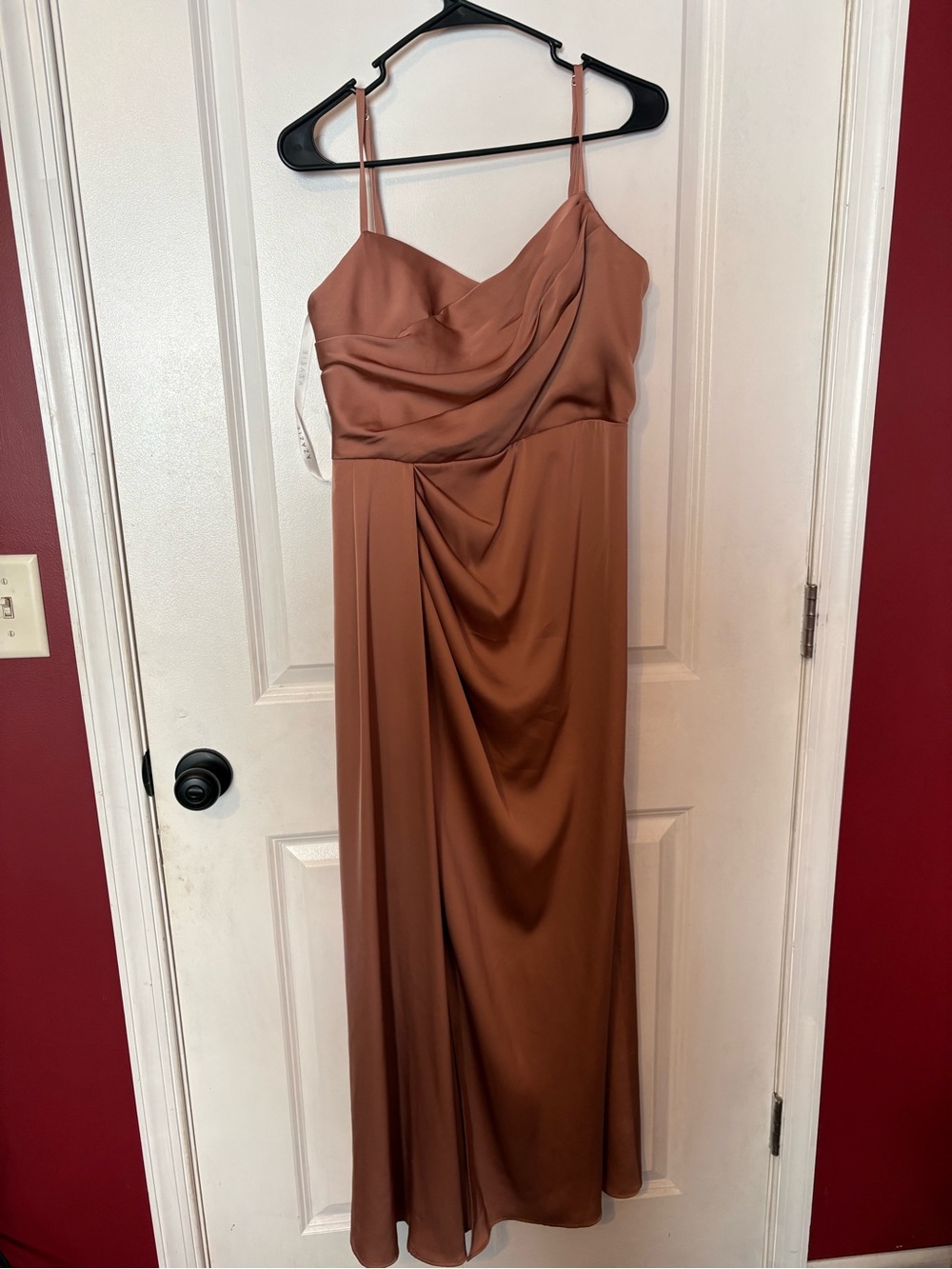 Azazie Elegant Rust Satin Draped Spaghetti Strap Dress